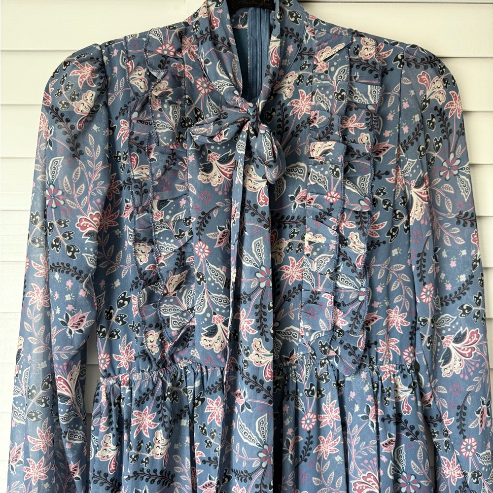 Floral Blue Long-Sleeve Dress with Bow